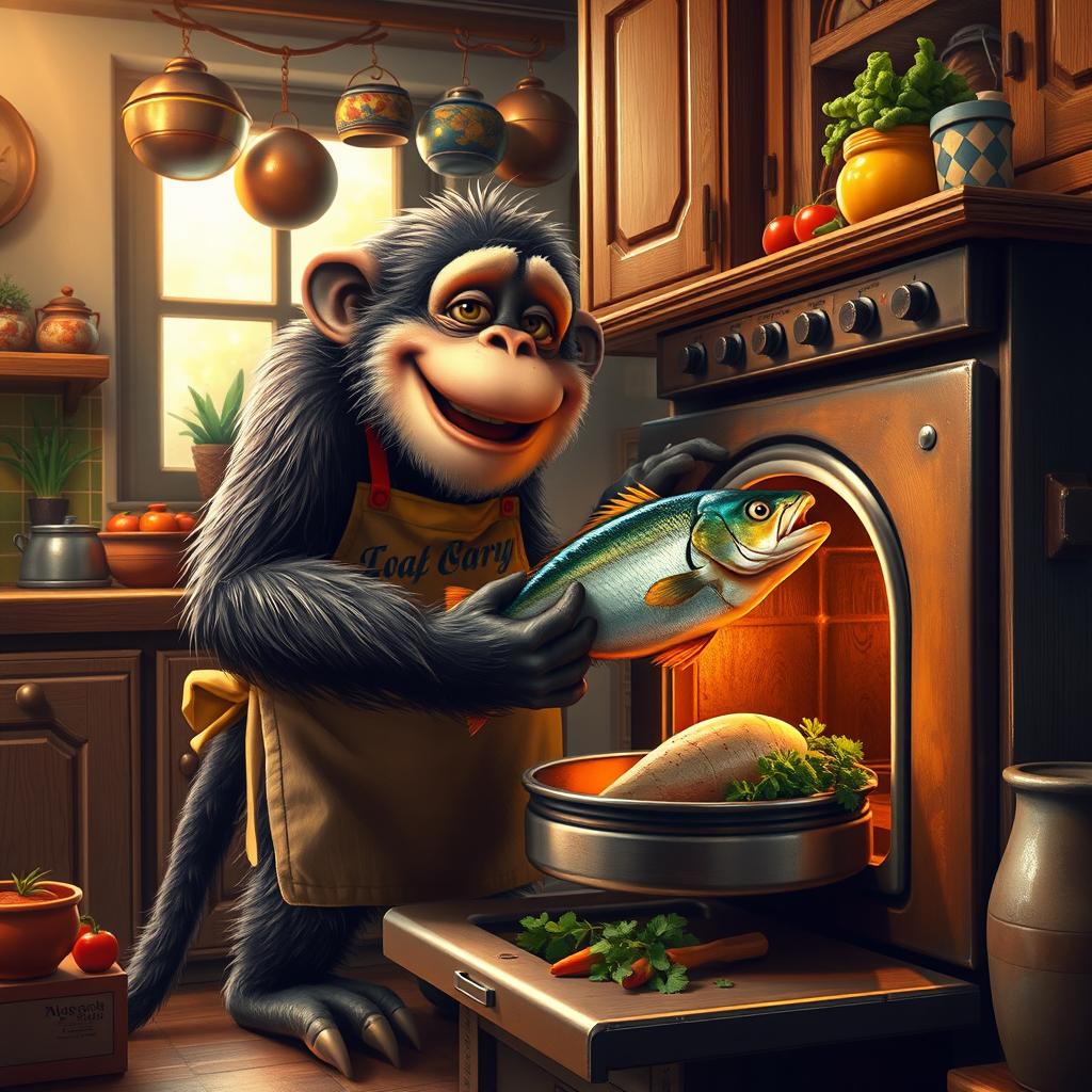 A large, anthropomorphic monkey joyfully cooking in a cozy kitchen, gently placing a shiny fish into a vintage oven