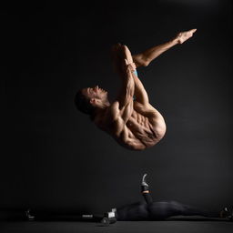 An physically fit individual engaged in a dynamic and demanding calisthenics workout, showcasing strength and flexibility