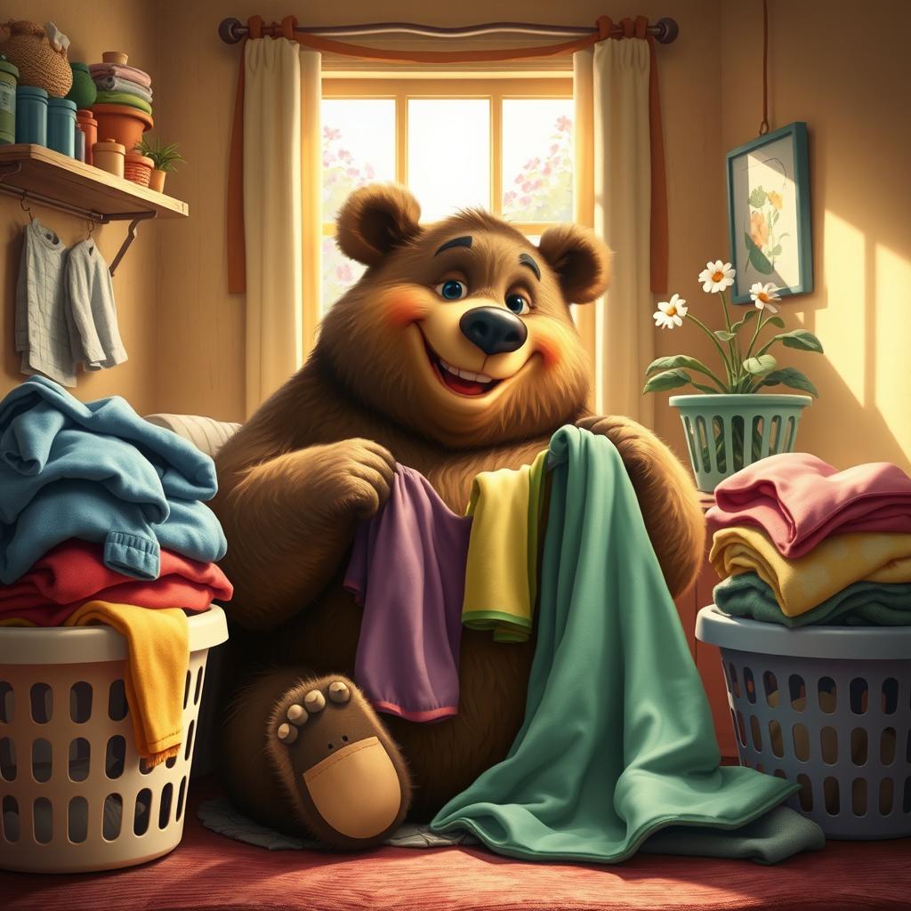 A whimsical and imaginative scene featuring a large, friendly bear creatively folding laundry