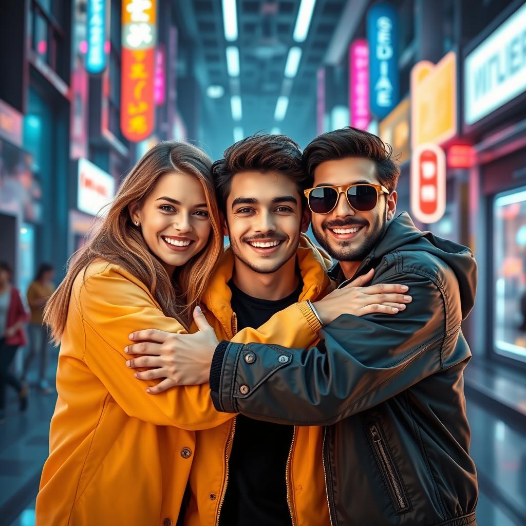 A vibrant, futuristic scene set in 2025 featuring a warm embrace