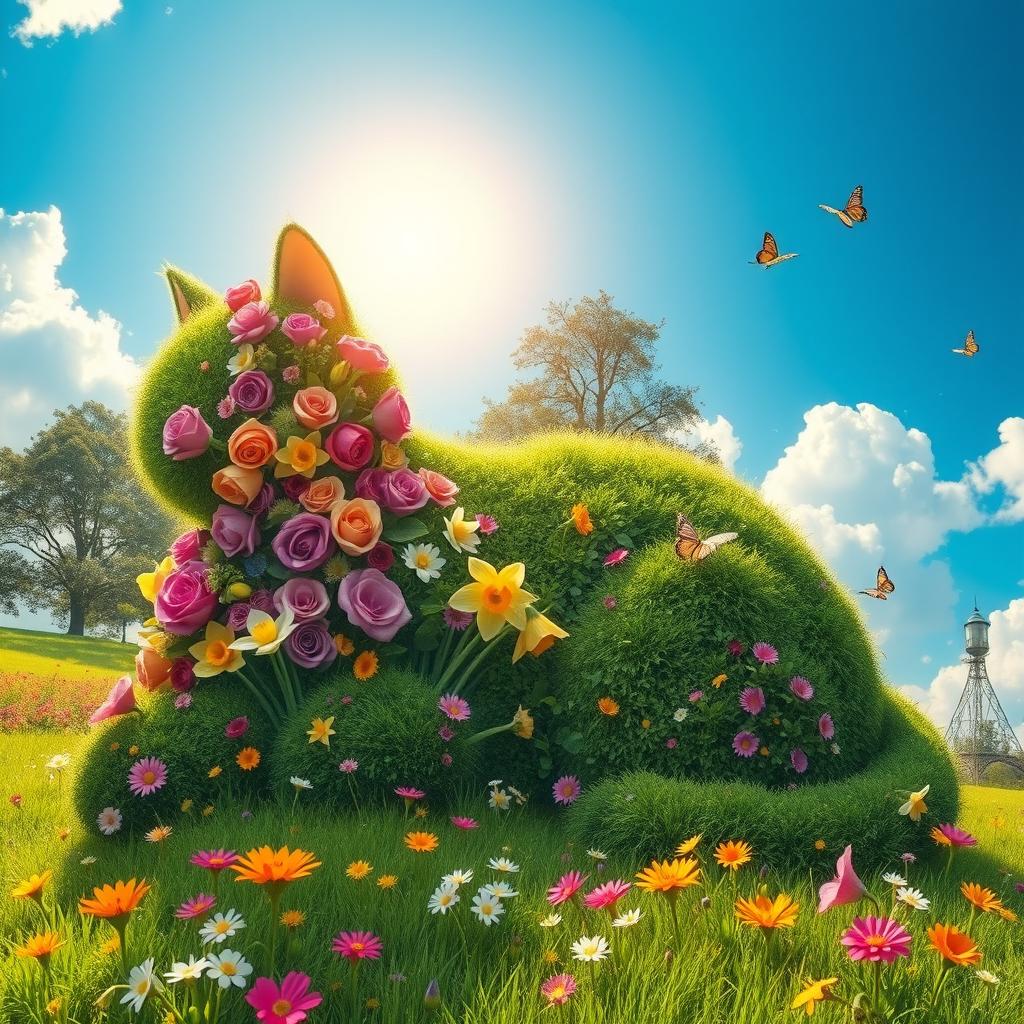A whimsical and surreal scene depicting a large garden shaped like a cat