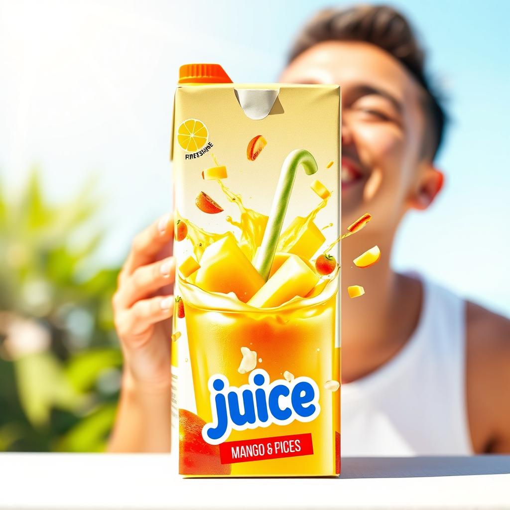 A colorful juice box with a straw, featuring a person joyfully drinking from it
