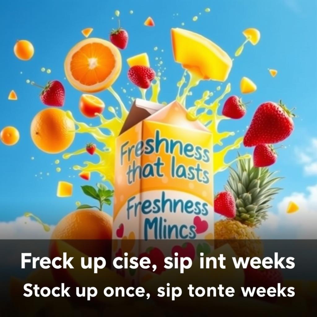 A visually appealing juice box scene featuring a colorful explosion of fresh fruits bursting out, including oranges, mangoes, strawberries, and pineapples