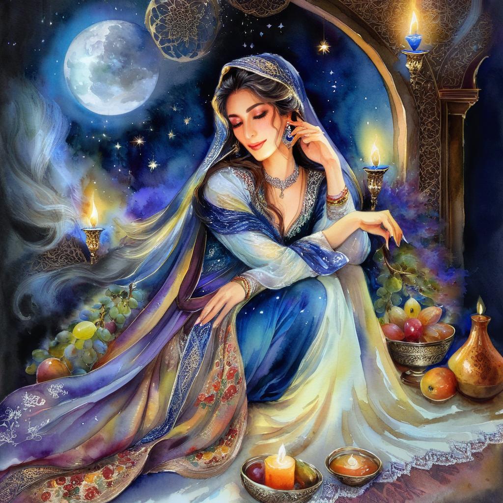 Mystical and spiritual watercolor painting of a beautiful Iranian woman leaning on a royal back on a night full of stars and lit candles inside a beautiful Iranian home with shiny and colorful silk carpets, fruit and grape dishes, traditional vases, and colorful flowers.