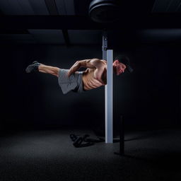 An physically fit individual engaged in a dynamic and demanding calisthenics workout, showcasing strength and flexibility