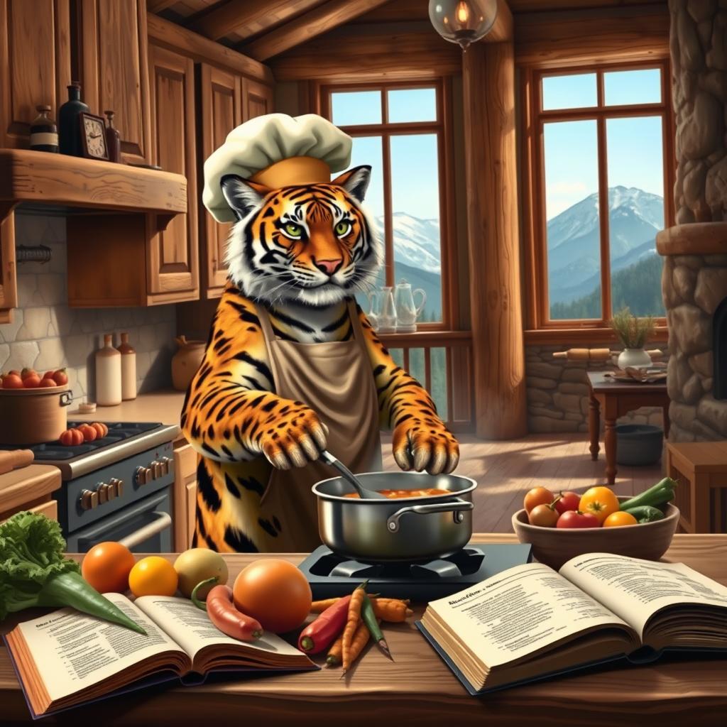 A whimsical scene featuring a big cat, perhaps a majestic tiger or leopard, humorously cooking in a cozy mountain house kitchen