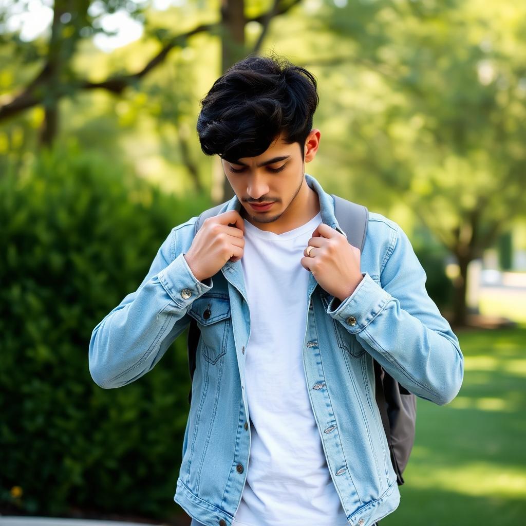 A person standing outdoors, removing a backpack from their shoulders, with a focused expression on their face