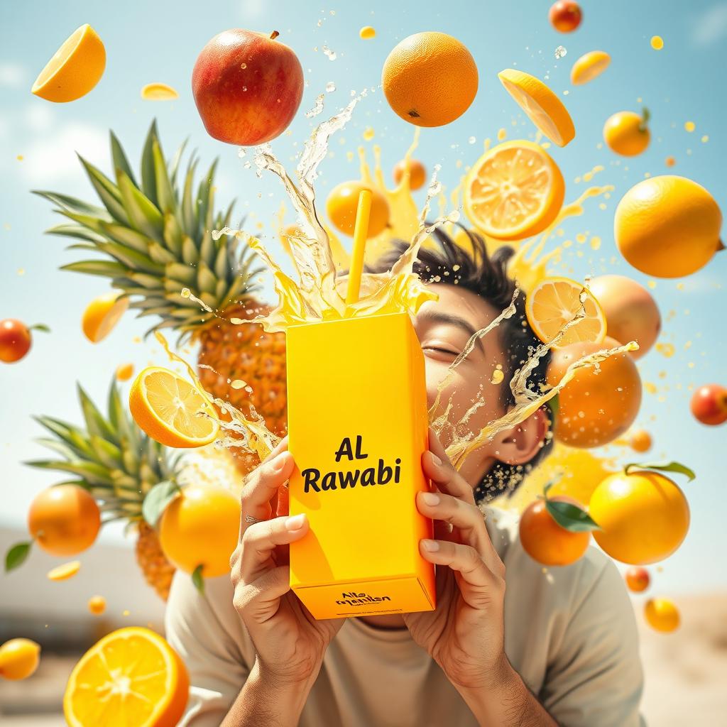 A dynamic scene featuring a person joyfully drinking from a juice box with a straw, surrounded by a vibrant explosion of fruits such as mangoes, pineapples, apples, and lemons bursting out