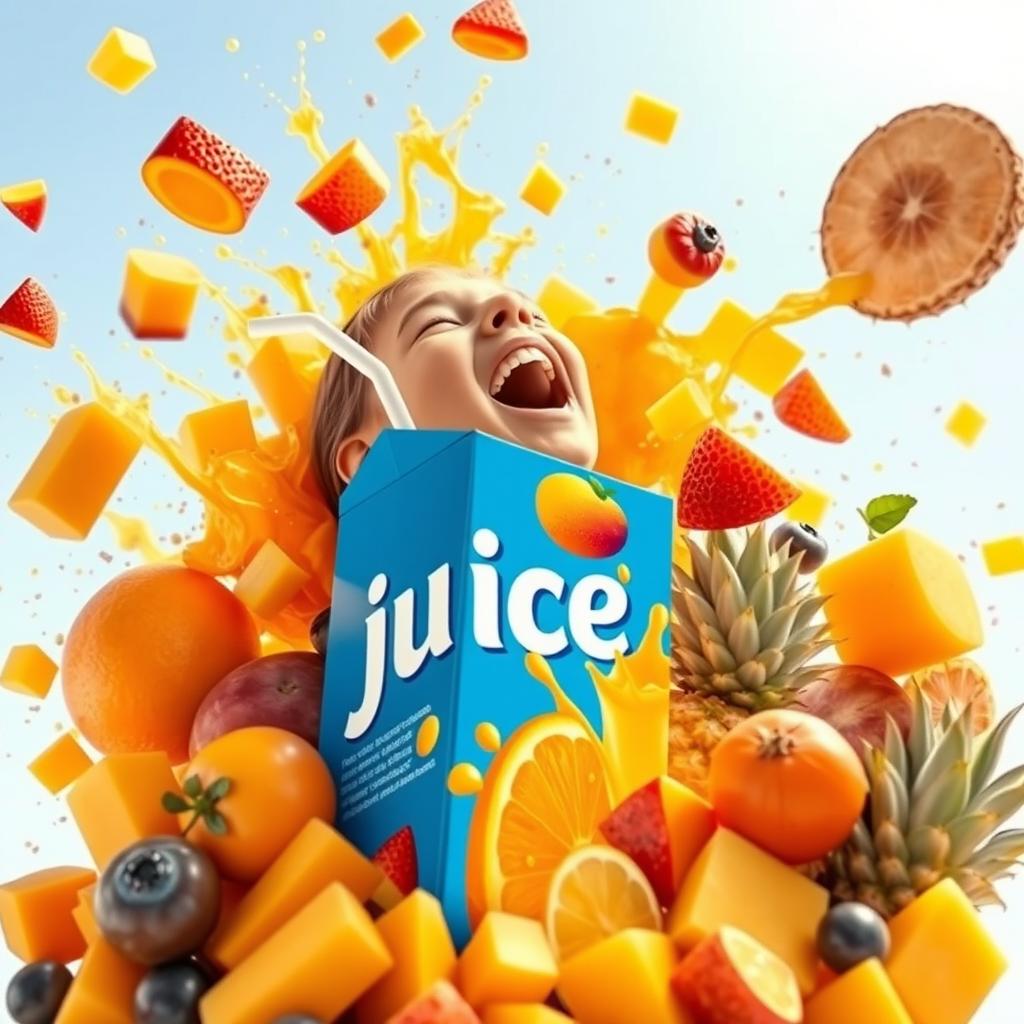 A vibrant blue juice box with a straw, prominently featuring a design of various fruits such as oranges, mangoes, and pineapples on its surface