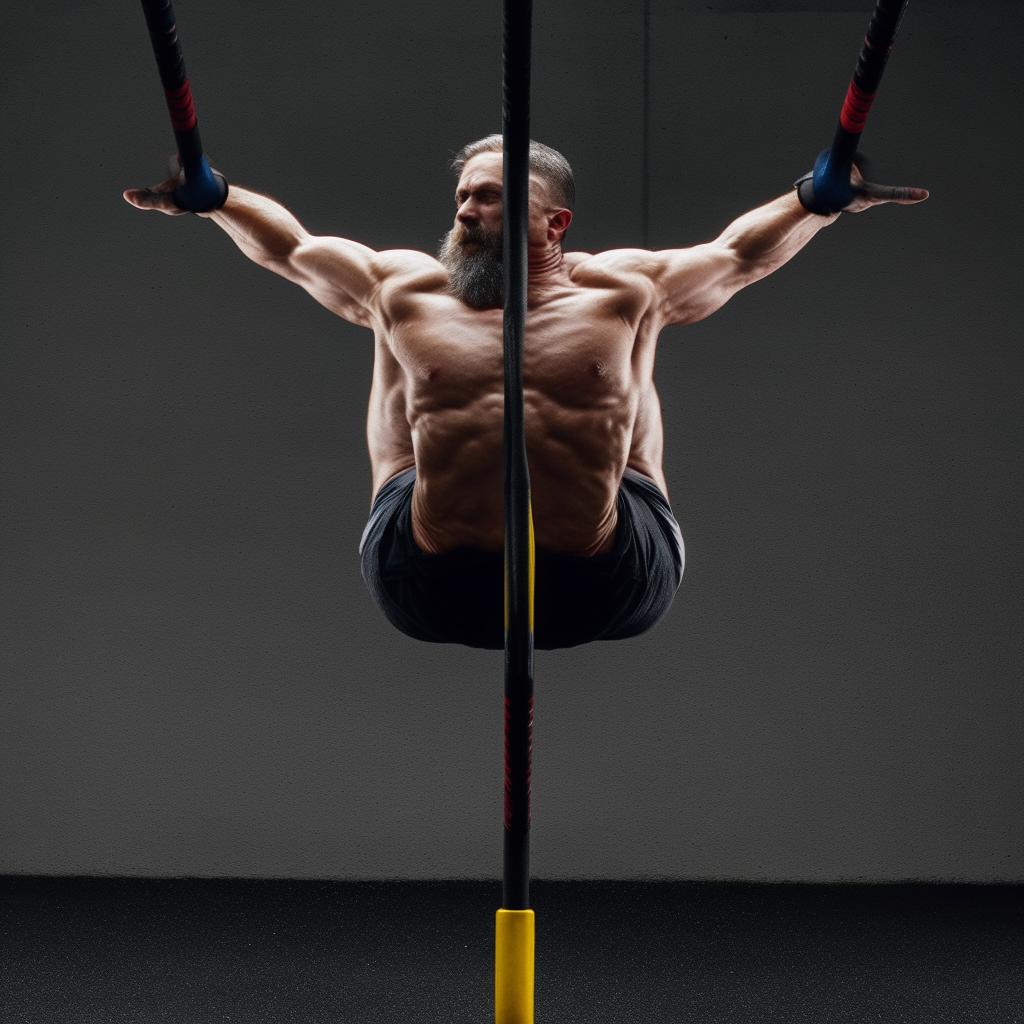 An physically fit individual engaged in a dynamic and demanding calisthenics workout, showcasing strength and flexibility