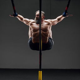 An physically fit individual engaged in a dynamic and demanding calisthenics workout, showcasing strength and flexibility