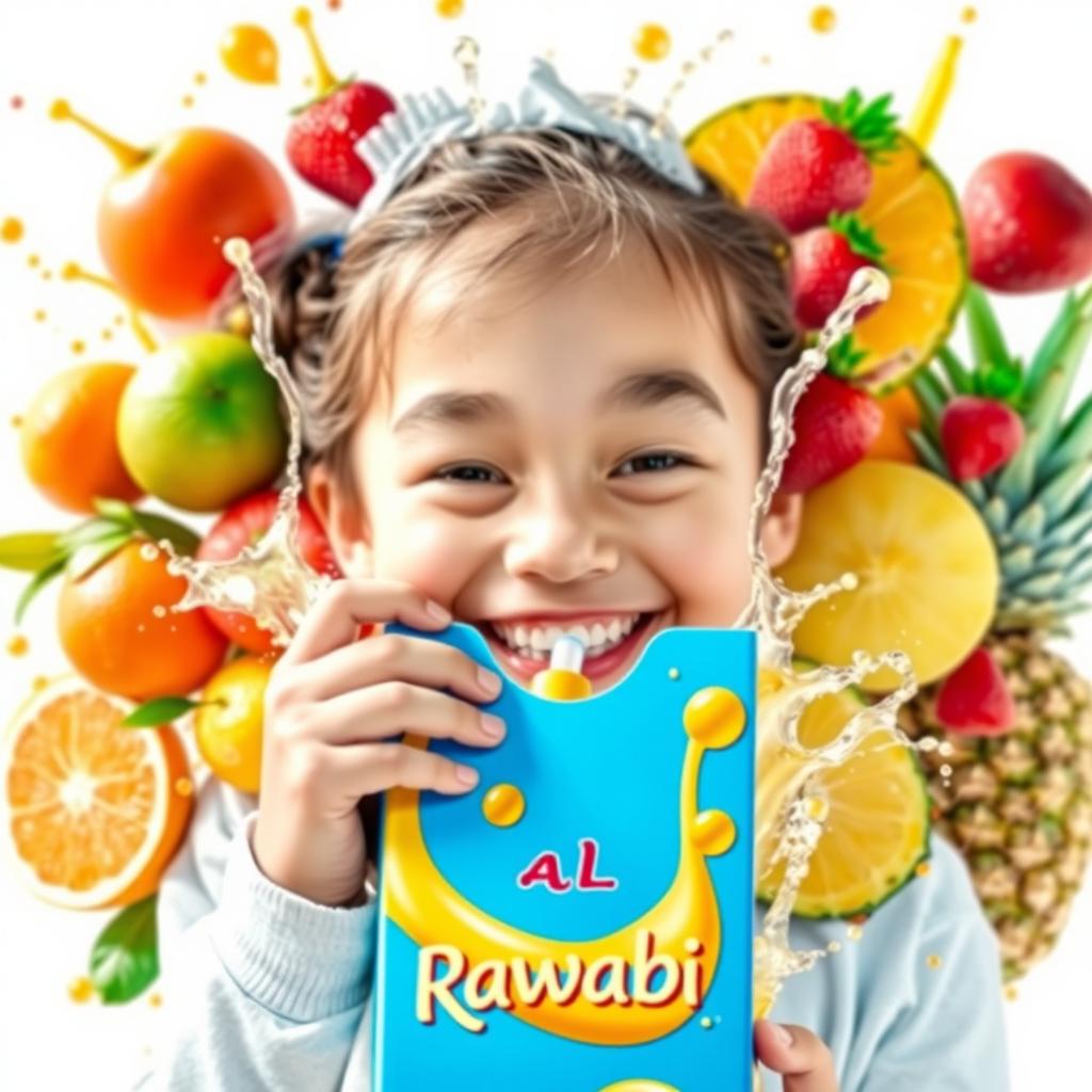 A joyful scene featuring a girl with a big smile, drinking from a vibrant blue juice box with a straw