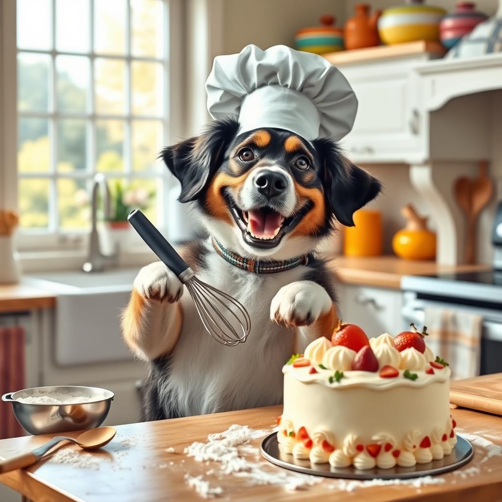 A cheerful big dog wearing a chef hat, standing on its hind legs in a cozy kitchen, mixing ingredients in a bowl with a whisk