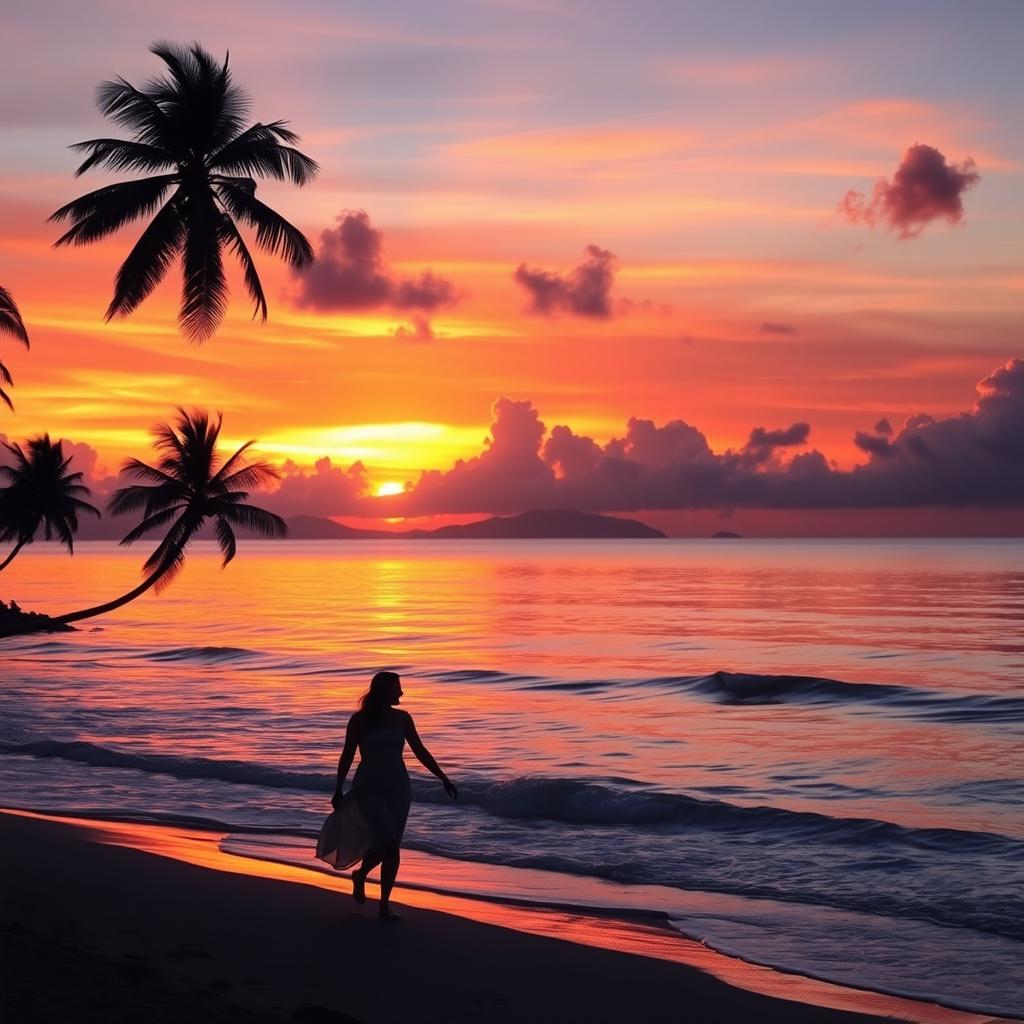 A stunning sunset over a serene beach, with vibrant colors reflecting on the water
