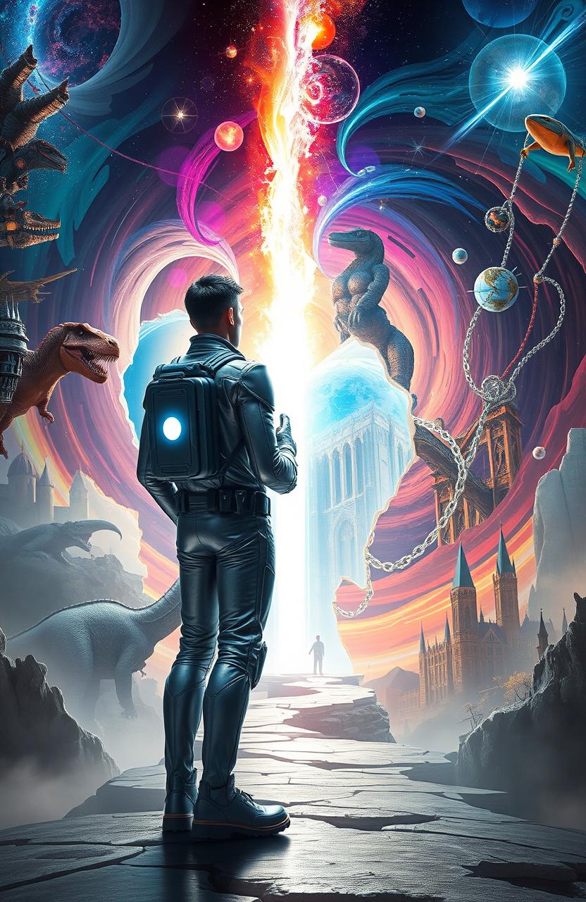 A visually stunning depiction of time travel, showcasing a swirling vortex of colors and light representing the fabric of time being torn apart
