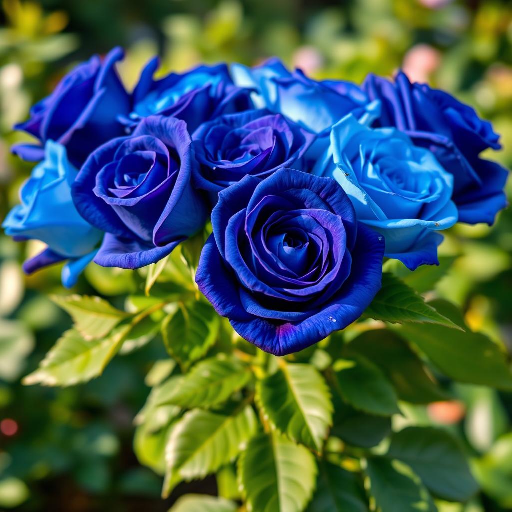 A stunning bunch of blue roses in full bloom, showcasing various shades of blue, from deep navy to light baby blue, set against a softly blurred green garden background