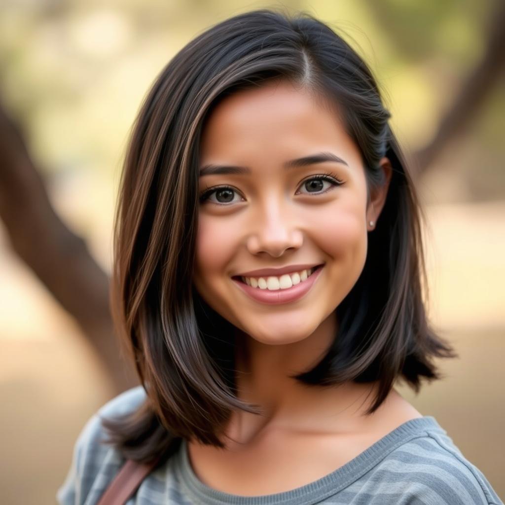 A realistic portrait of a confident young adult with a warm smile, looking directly into the camera, surrounded by a softly blurred natural background
