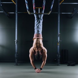 An physically fit individual engaged in a dynamic and demanding calisthenics workout, showcasing strength and flexibility