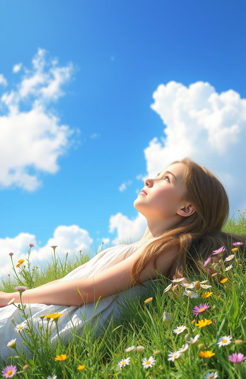 A beautiful girl lying on a grassy hill, gazing up at a clear blue sky with fluffy white clouds