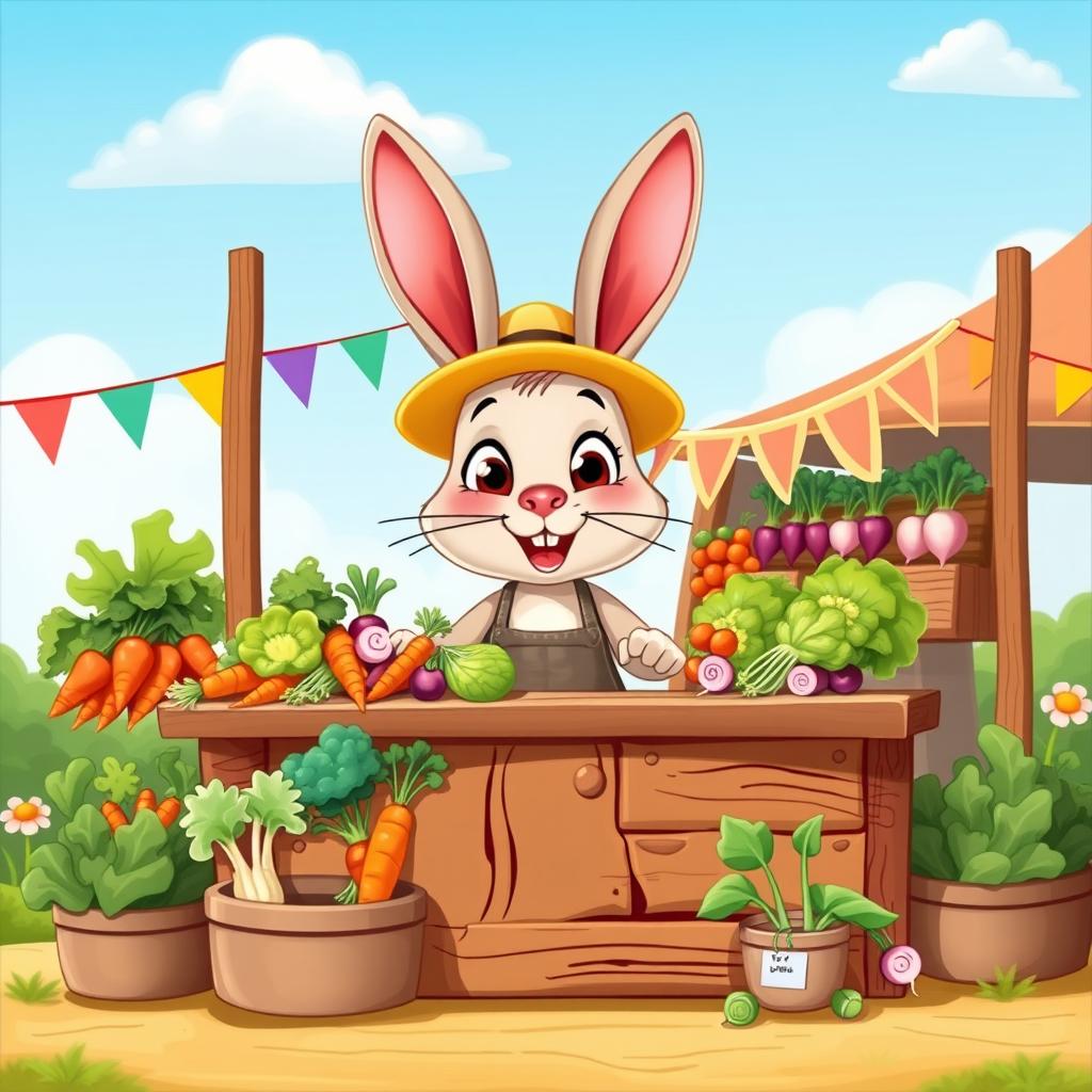 A charming cartoon rabbit standing behind a wooden vegetable stall, enthusiastically selling a variety of fresh vegetables like carrots, lettuce, and radishes