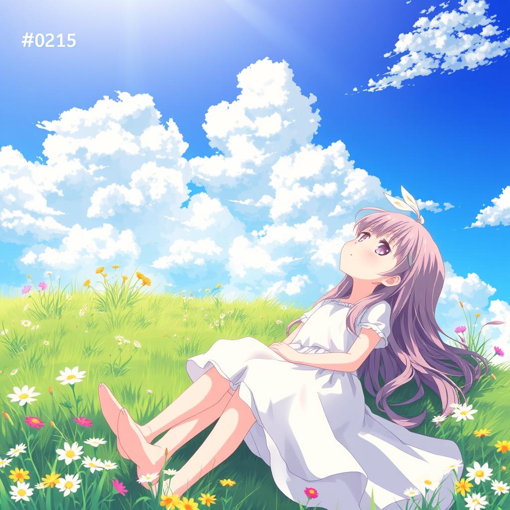 An anime-style illustration of a beautiful girl lying on a grassy hill, gazing up at a clear blue sky filled with fluffy white clouds