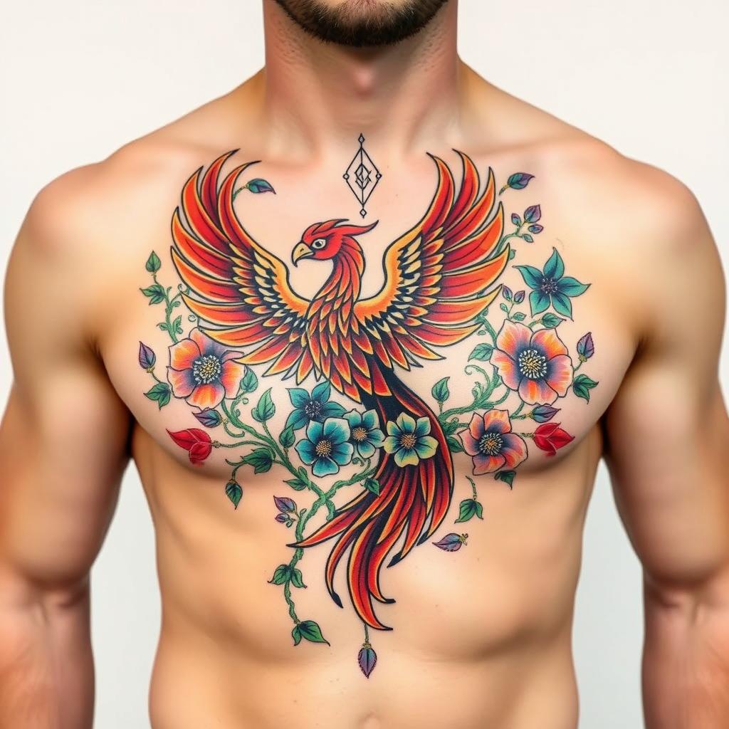 Stunning Phoenix Tattoo Cover Design for Men’s Chest