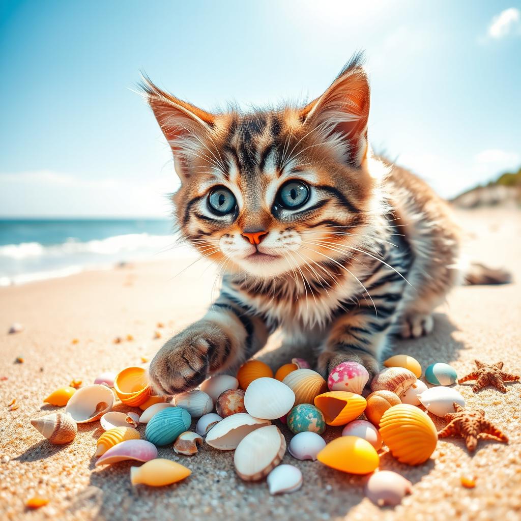 A playful cat collecting colorful shells on a sandy beach, the sun shining brightly with a clear blue sky