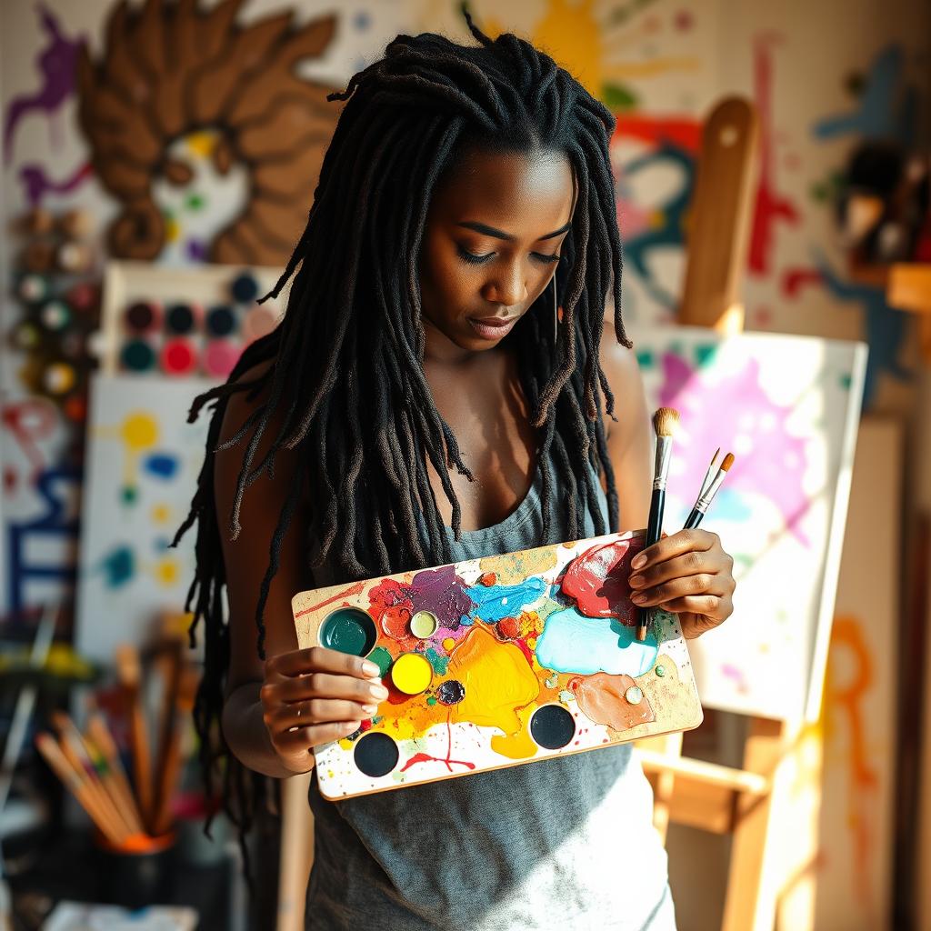 A talented woman with long, flowing dreadlocks, deeply focused on her art