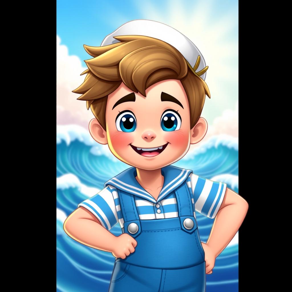 A cheerful sailor boy character designed for a video game, wearing a stylish shirt with white and blue stripes, and blue overalls