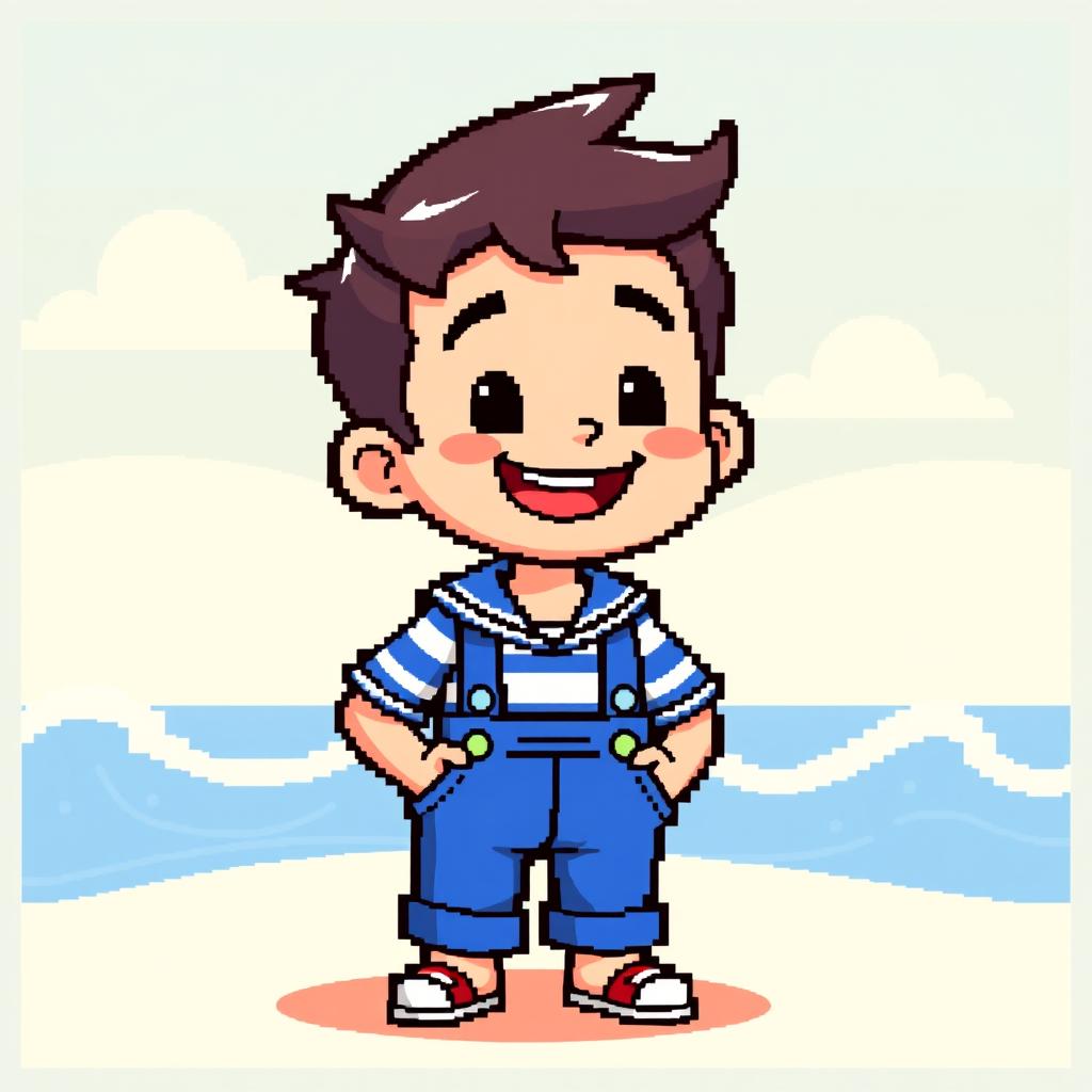 A pixel art illustration of a cheerful sailor boy character designed for a video game, featuring a shirt with white and blue stripes and blue overalls