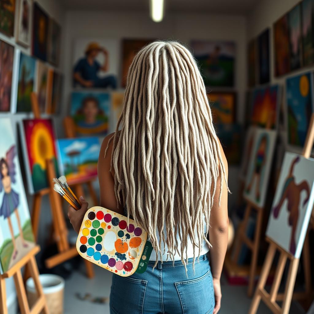 A white woman with long, intricate dreadlocks seen from the back, standing in her vibrant art studio