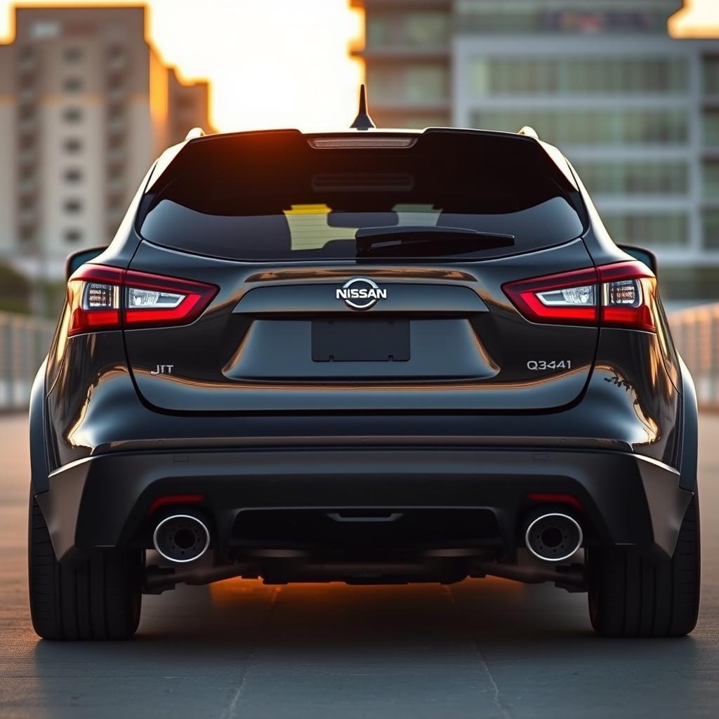 A black Nissan Qashqai J11 positioned in the center, showcasing two prominent oversized exhausts that enhance its sporty and aggressive aesthetic