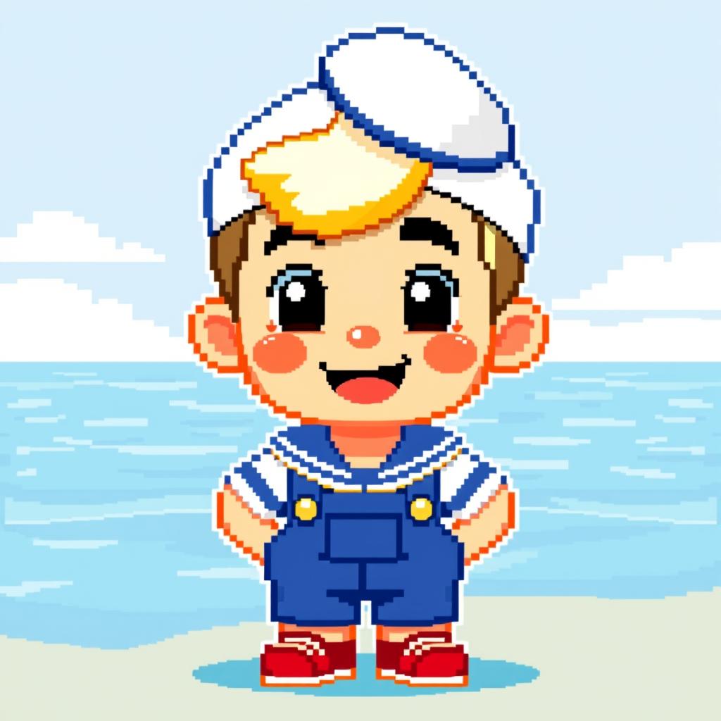 A pixel art character design of a sailor boy, featuring a white and blue striped shirt, paired with blue overalls