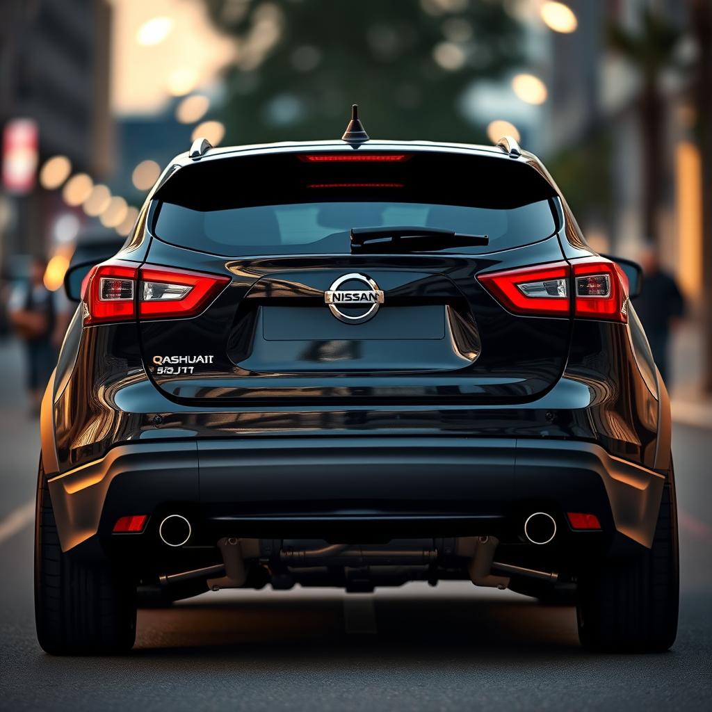 A captivating back view of a black Nissan Qashqai J11, prominently showcasing two large exhausts that enhance its sporty look