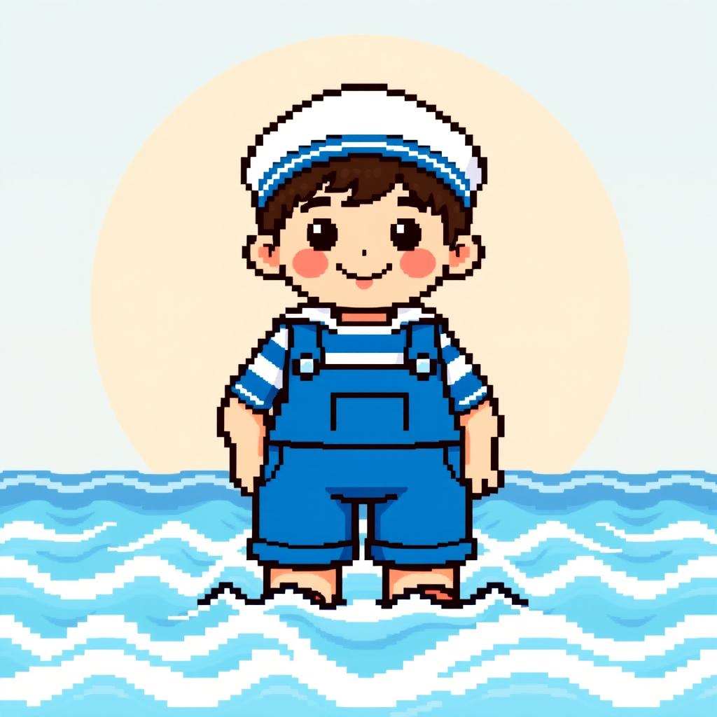 A pixel art character design of a sailor boy, featuring a shirt with horizontal white and blue stripes and blue overalls
