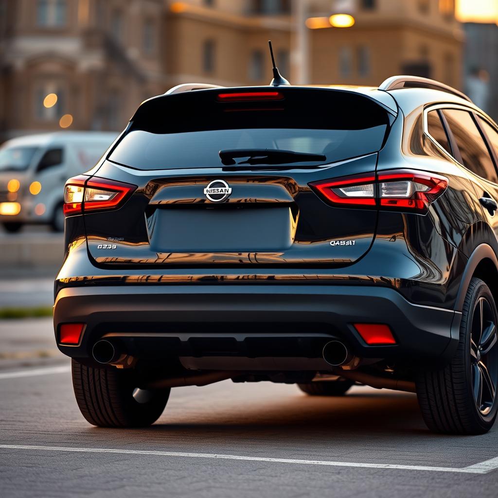 A stylish back view of a black Nissan Qashqai J11, prominently displaying its two large exhausts that accentuate its sporty character