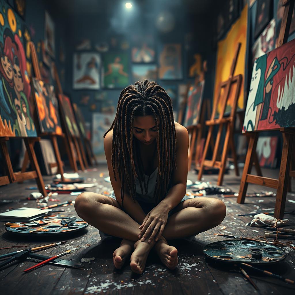 A white woman with long brown dreadlocks, sitting on the floor with her head resting between her legs, in a dimly lit room filled with an intense emotional atmosphere