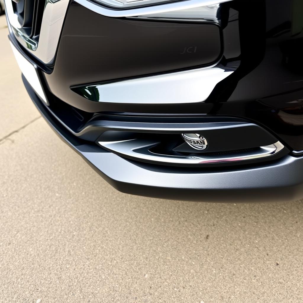 A detailed view of the front bumper of a black Nissan Qashqai J11, highlighting its modern and aggressive design features