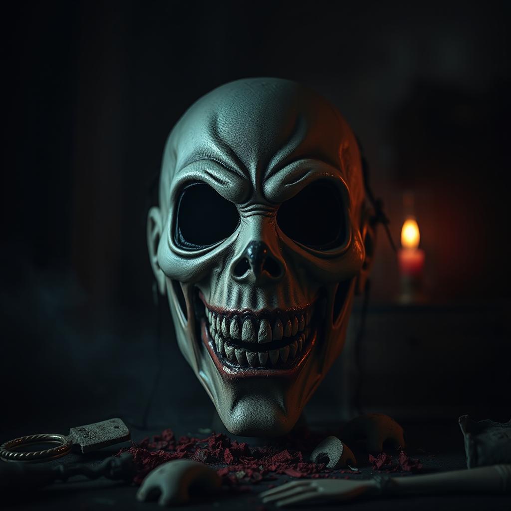 A chilling and atmospheric depiction of a serial killer mask, intricately designed with grotesque features and terrifying details, including exaggerated facial features, sharp teeth, and unsettling colors