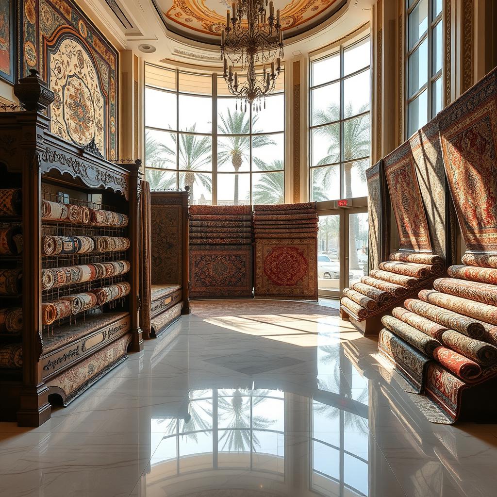 A luxurious and elegantly designed carpet store in Dubai, showcasing a variety of traditional and modern rugs