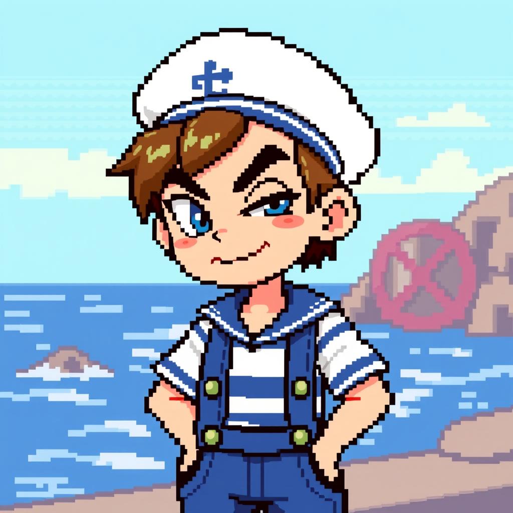 A pixel art character design of a sailor boy, depicted as more mature in appearance, wearing a white and blue striped shirt and blue overalls
