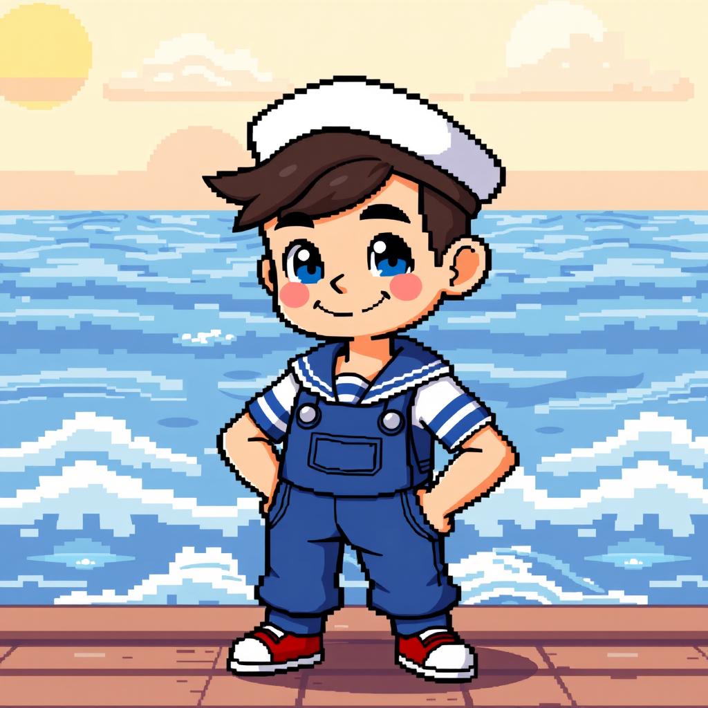A pixel art character design of a sailor boy, designed to look more mature rather than childlike