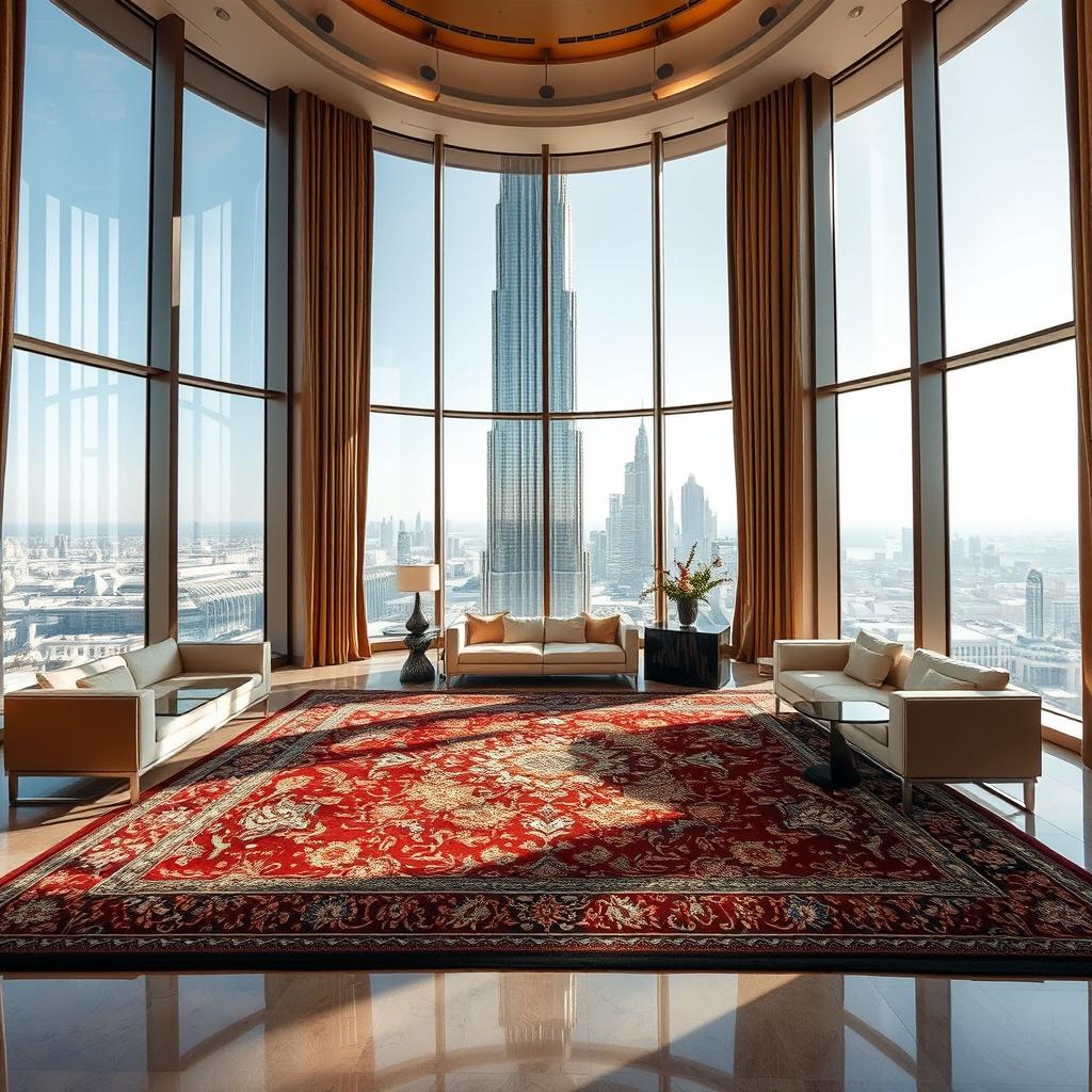 A luxurious intricately designed rug placed in the opulent interior of the Burj Khalifa