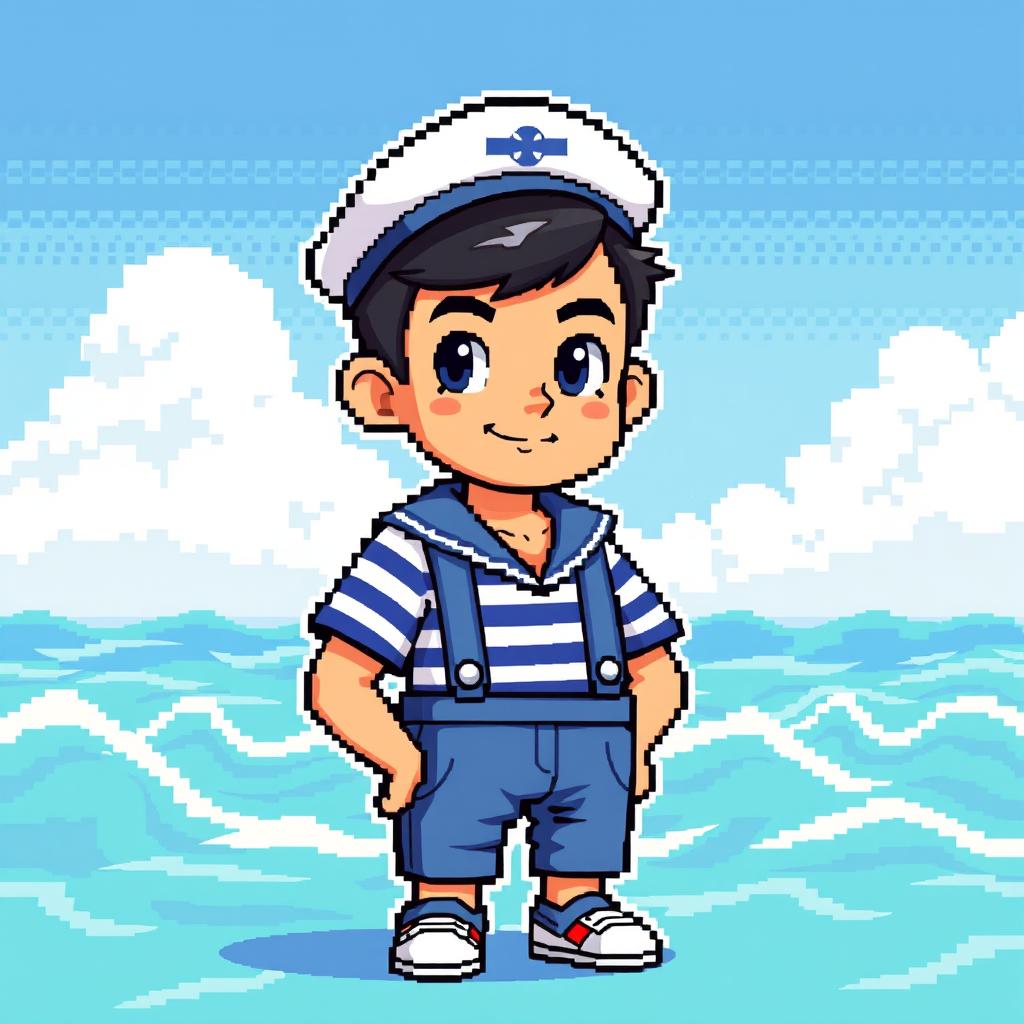 A pixel art character design of a sailor boy, portrayed as a mature figure rather than a child