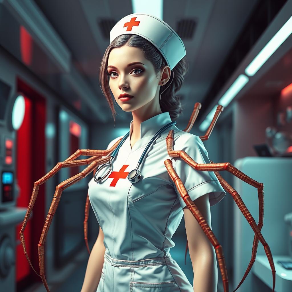 A female spider-human hybrid nurse in a futuristic healthcare setting