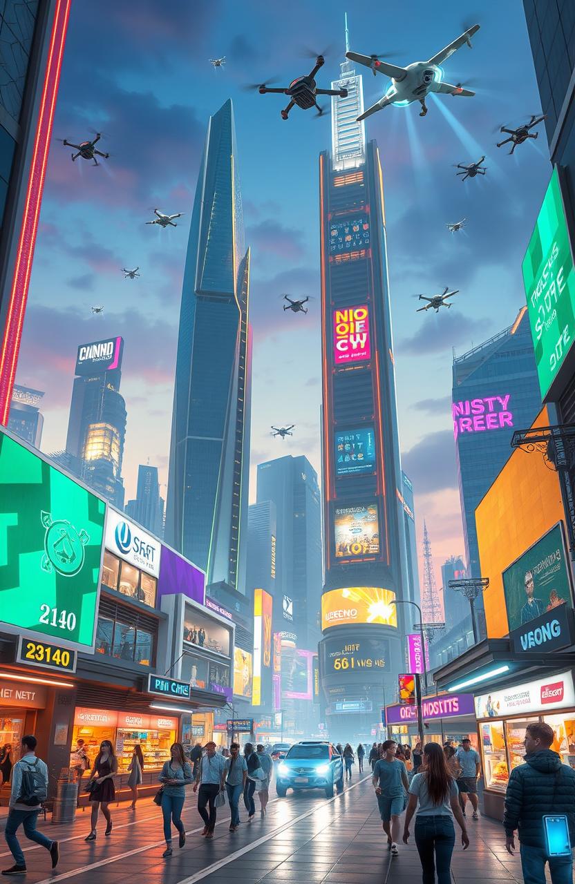 A futuristic cityscape set in the year 2140, showcasing advanced technology and architecture
