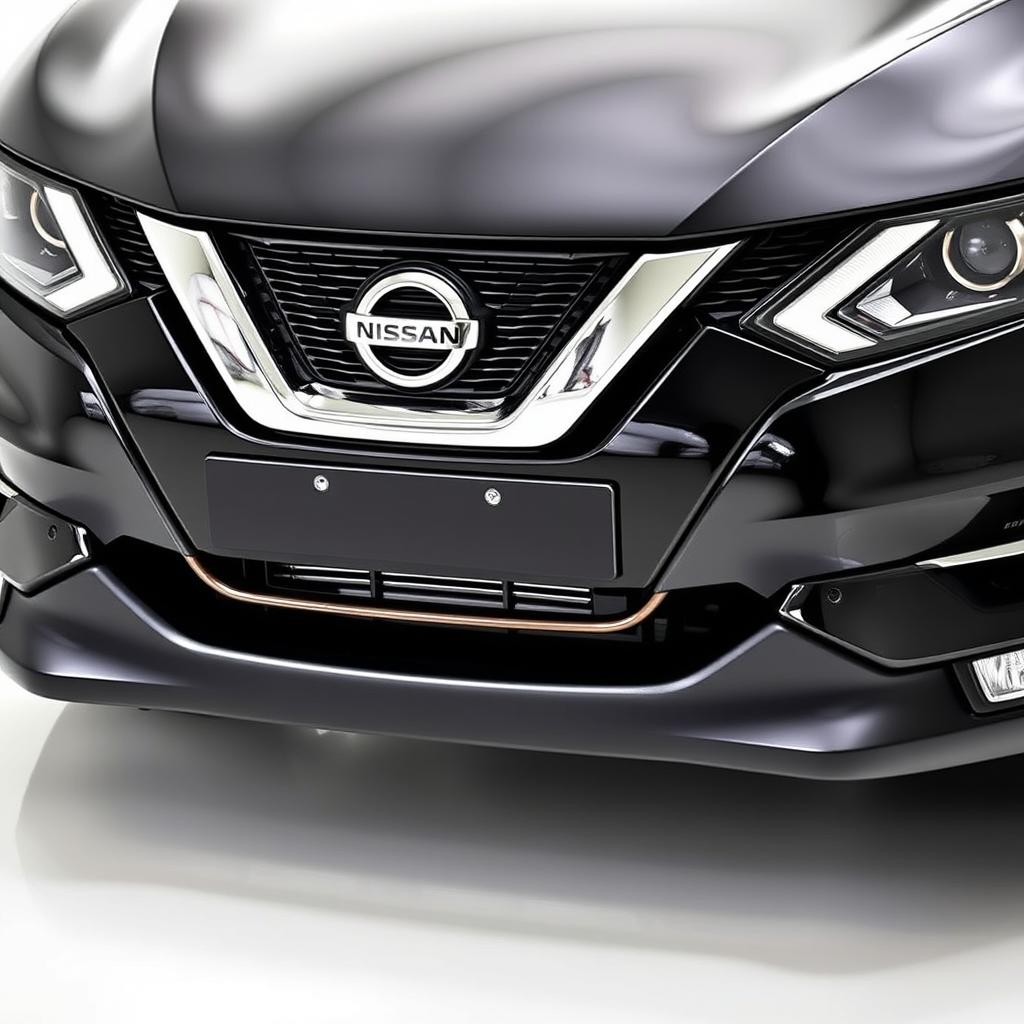 A detailed view of the front bumper of a black 2017 Nissan Qashqai J11, showcasing its modern design elements and sporty aesthetics