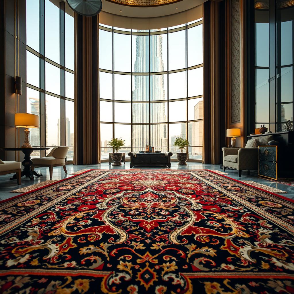 A beautifully designed rug showcasing intricate patterns and elegant colors, set inside the luxurious interior of the Burj Khalifa