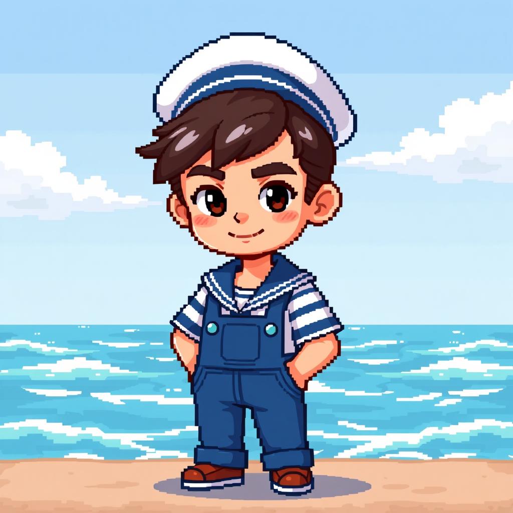 A pixel art character design of a sailor boy, showcasing a mature appearance rather than a childish one