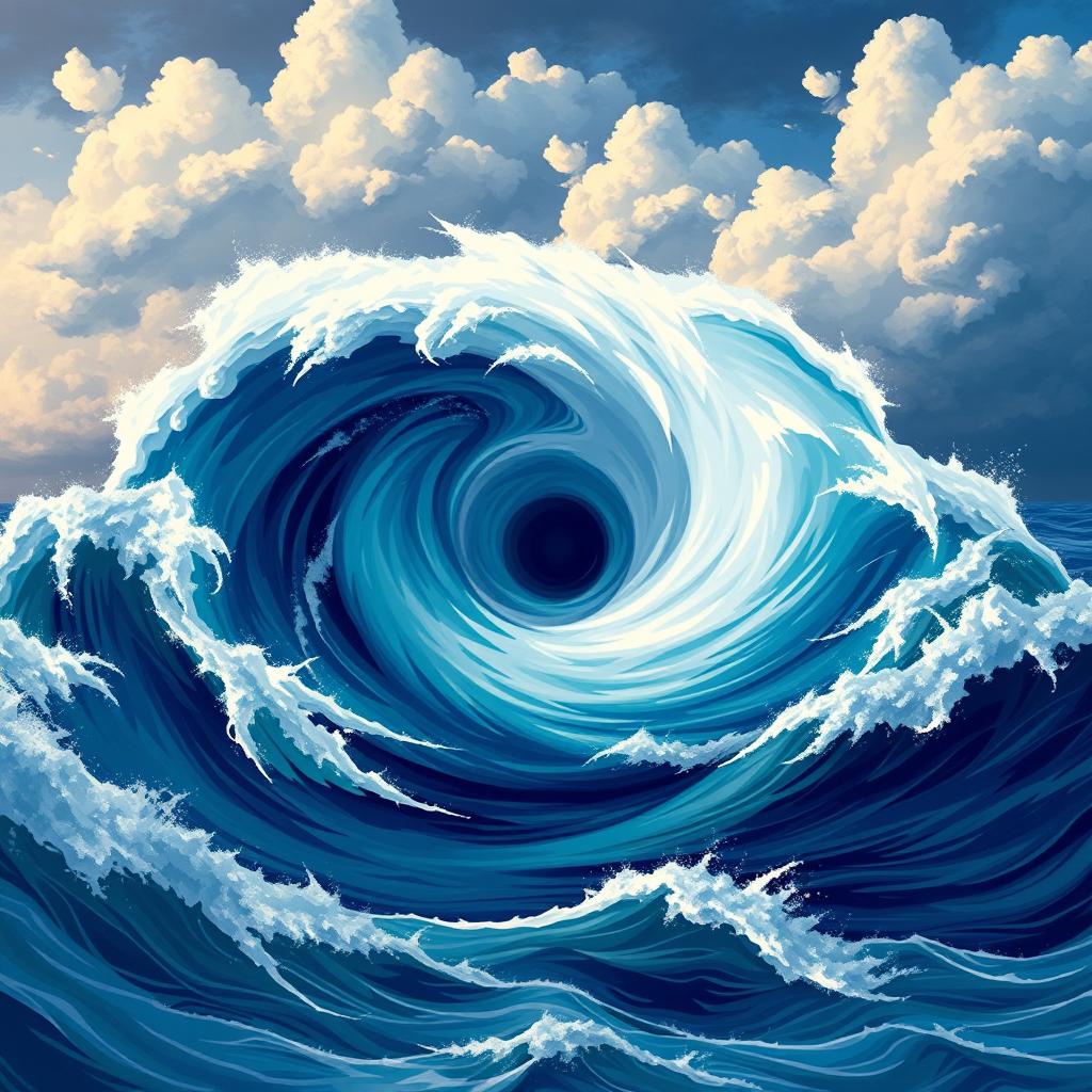 A stunning digital illustration of a hurricane swirling over the ocean, created with a mix of vibrant colors and dynamic shapes